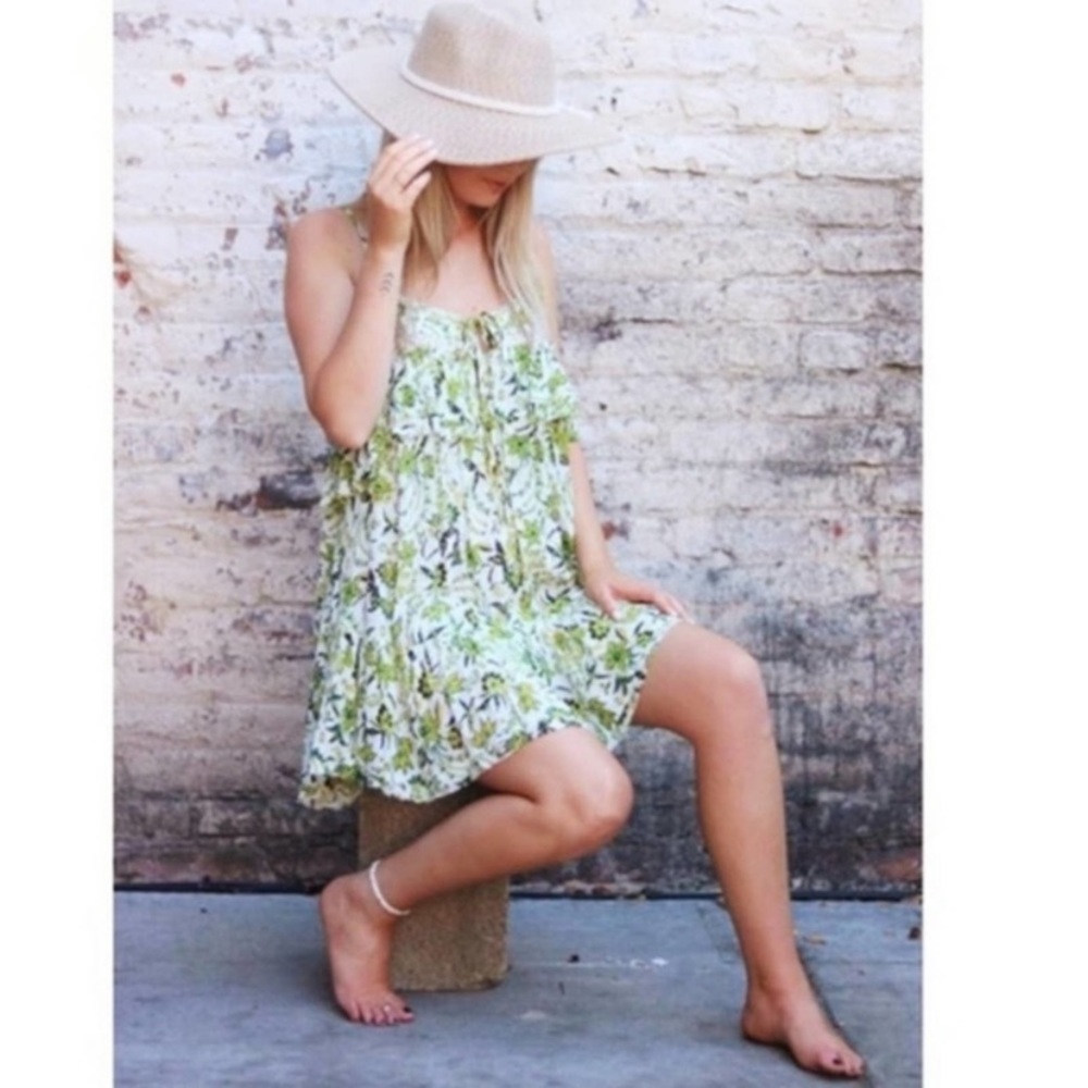 New Free People Take Me with You Green Ruffle Lace Boho Mini Tea Combo Dress M